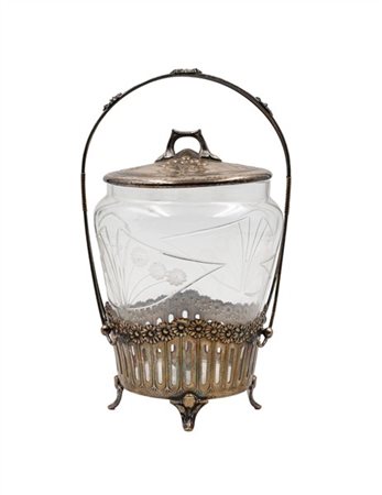 Biscottiera in metallo argentato con corpo in vetro inciso. Ghiere in metallo a