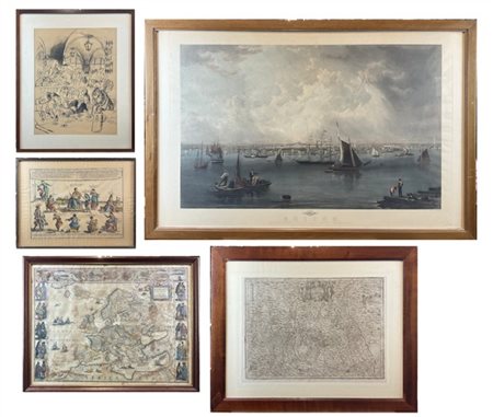 Lotto composto da stampe e riproduzioni tra le quali mappe e veduta di Boston (