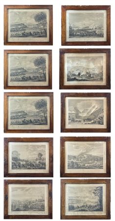 Lotto di dieci incisioni del secolo XIX incollate su tela raffiguranti scene di