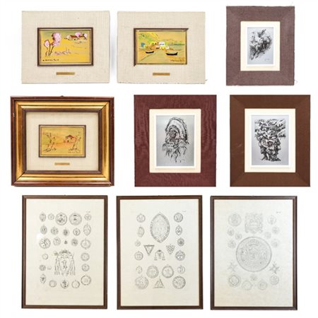 Lotto di nove stampe e multipli diversi, di diverso soggetto ed epoca (difetti)