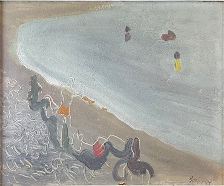 Ignoto del secolo XX, 
"La Spiaggia a Pourville" 
olio su cartone (cm 26,5x22)
