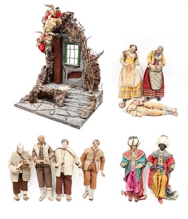 Arte napoletana, secolo XX. Lotto composto da una struttura da presepe in legno
