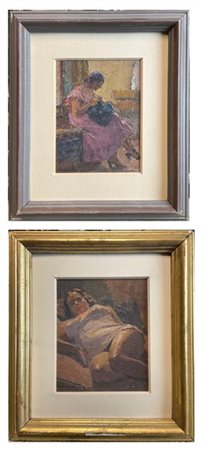 GINO MAZZOLI "Il riposo e l'attesa" 
coppia di oli su diversi supporti (cm 14x11