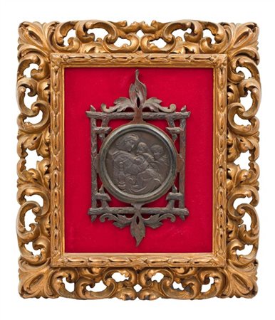 Placca in metallo brunito raffigurante la Madonna della Seggiola da Raffaello,