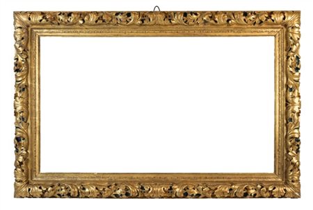 Cornice in legno intagliato, dorato e dipinto con fascia a foglie accartocciate