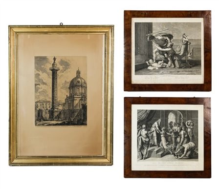 Autori vari, secolo XIX, da invenzioni di Raffaello e Poussin due acqueforti su