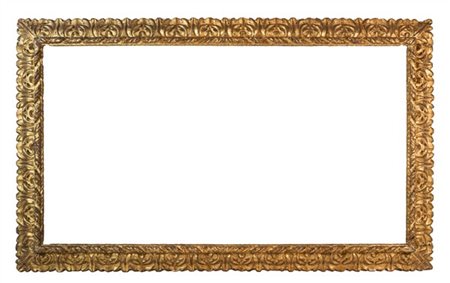 Cornice in legno intagliato e dorato a doppio ordine con decoro a foglie. Secol