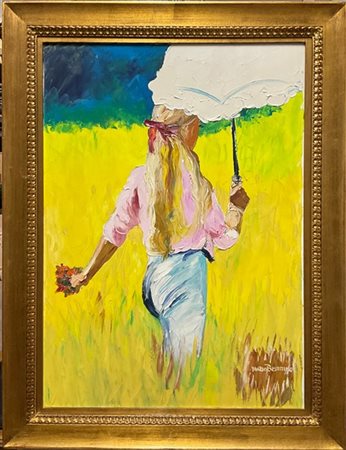 Mario Berrino "Ragazza con ombrello” acrilico su tela (cm 69,5x49) firmato in ba