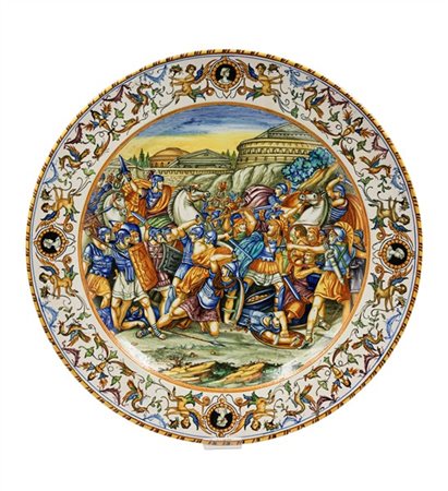Manifattura Molaroni, Pesaro, fine secolo XIX. Piatto istoriato in ceramica pol
