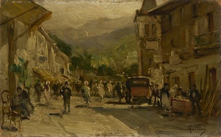 Carlo Follini "Scorcio di paese con figure e automobile" 
olio su cartone (cm 15