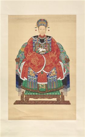 Scroll inchiostro su seta raffigurante Imperatrice seduta su un trono sontuosam