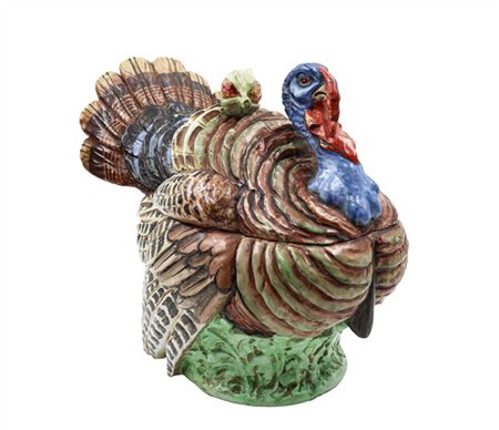 Contenitore con coperchio a forma di tacchino in porcellana policroma con presa