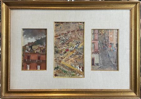 Francesco Cangiullo Tre "Scorci urbani" montati in un'unica cornice su diversi s