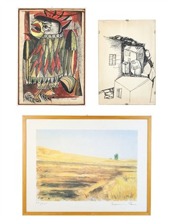 Lotto composto da un disegno a pennarello su carta raffigurante case, una tecni