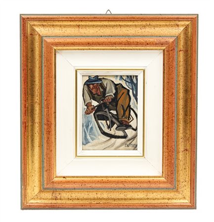 Romano Buratti "La bici" olio su compensato (cm 12x9) firmato in basso a destra;