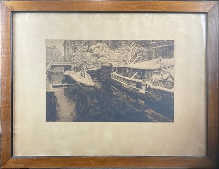 Carlo Casanova "Naviglio sotto la neve" 
incisione (cm lastra 30x47) (cm 50x70)