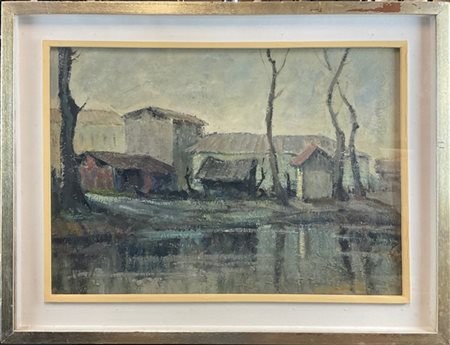 Ambrogio Allievi "Bollate. Laghetto di Castellazzo" olio su tela (cm 50x70) firm