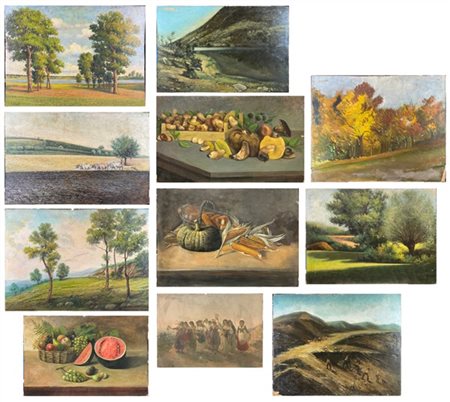 Lotto composto da undici dipinti raffiguranti "Paesaggi" ad olio su diversi sup