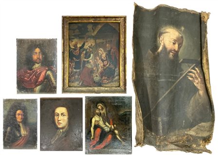 Lotto composto da sei antichi dipinti ad olio su vari supporti raffiguranti div
