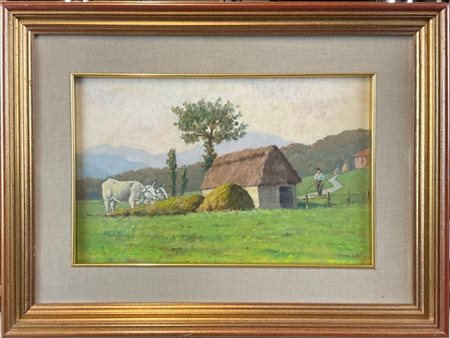 Mario Menichetti "Paesaggio con buoi" 
olio su compensato (cm 21x30)
firmato in