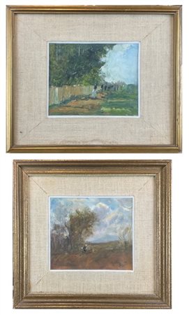 Antonio Asturi Due dipinti ad olio su cartoncino raffiguranti "Paesaggi" (cm max