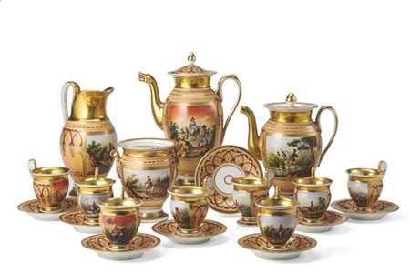 Manifattura francese, secolo XIX. Servizio da tè e caffè con teiera, caffettier
