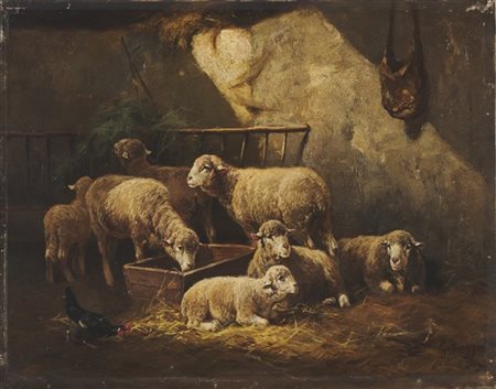 Giuseppe Raggio "Gregge nella stalla" 
olio su tela (cm 35x45)
firmato in basso