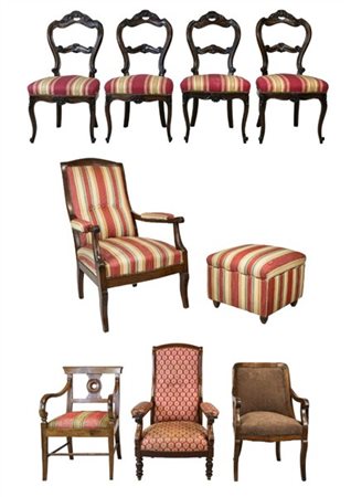 Lotto composto da quattro diverse poltrone, un pouf e quattro sedie in legni va