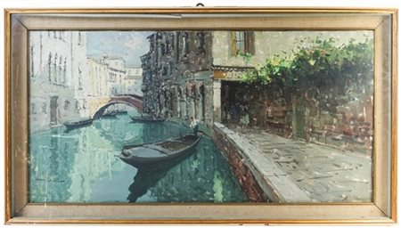 Bepi Marino "Rio Carampane (Venezia)" olio su tela (cm 49x99) firmato in basso a