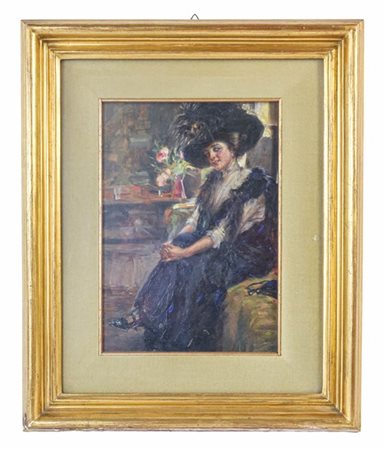Angelo Cantù "Ritratto di gentildonna con capppello" 
olio su compensato (cm 30x