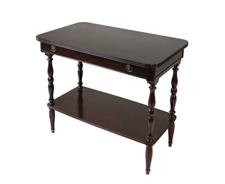 Tavolino da centro in mogano con cassetto nella fascia, gambe tornite riunite d