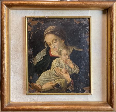 Ignoto

Antico dipinto raffigurante "Madonna con Bambino"
olio su rame (cm 18x1