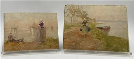 Lotto composto da due acquerelli su cartoncino raffiguranti "figure popolari" (