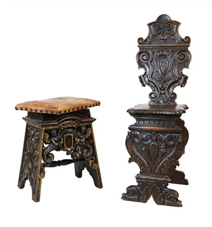 Lotto composto da uno sgabello in legno intagliato a volute e figure muliebri c