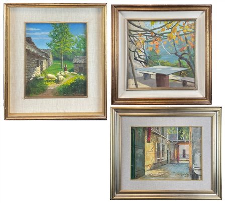 Lotto di tre dipinti ad olio del secolo XX raffiguranti paesaggi, autori e misu