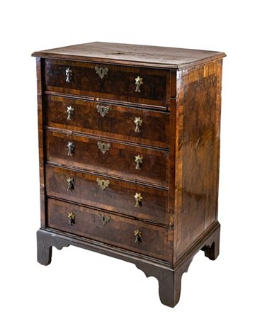 Mobile cassettiera lastronato in legni vari, fronte a cinque cassetti e piedi a