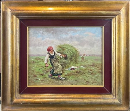 Enrico Meneghelli "La fienaiola" 
olio su compensato (cm 21x27)
in cornice (dife