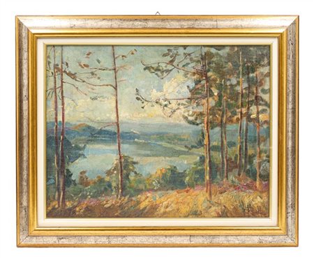 Enrico Ravetta "Scorcio lacustre" 
olio su masonite (cm 35x45,5)
firmato in bass