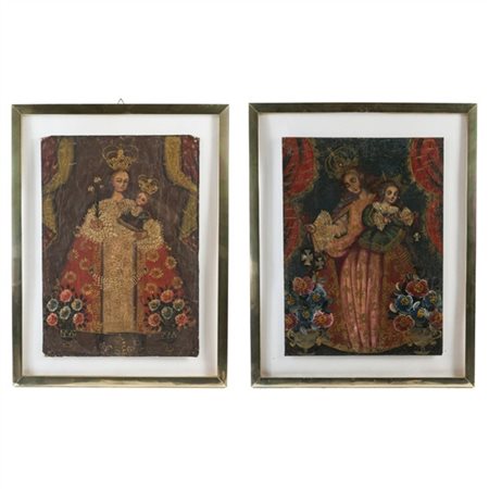 Scuola sudamericana. Due tecniche miste su tela raffiguranti la Vergine con Bam