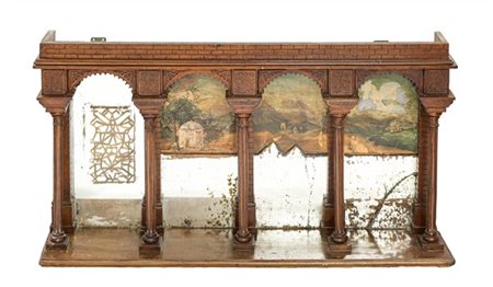 Pensile a struttura architettonica in legno intagliato con portico a cinque col