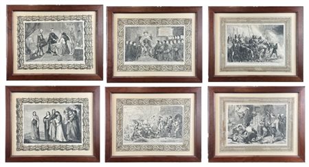 Gruppo di sei riproduzioni francesi raffiguranti scene storiche e letterarie, i
