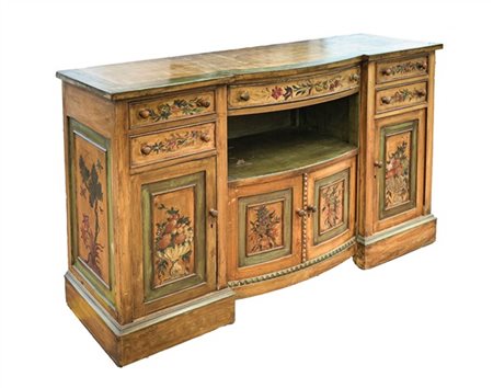 Credenza in legno laccato e dipinto a fiori con quattro ante, cinque cassetti e