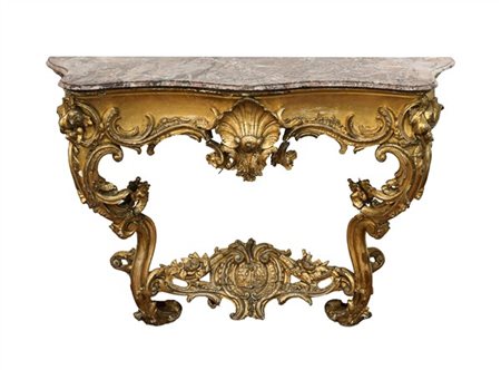 Console in legno e pastiglia dorata decorata a fregi, frutti e conchiglia al ce