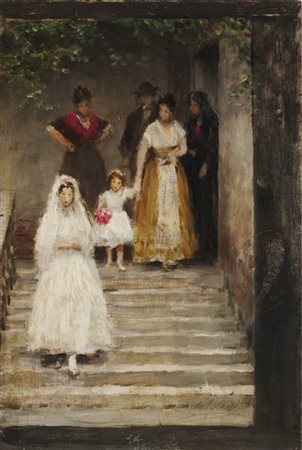 Eugenio De Blaas "Scalinata con figure - Bozzetto" 
olio su tavola (cm 46x30)
fi