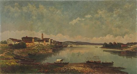 Lorenzo Gignous "Veduta lacustre" 
olio su tela (cm 70x130)
firmato in basso a s