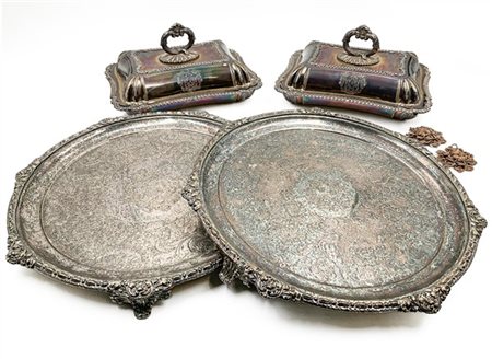 Lotto composto da due salver e due legumiere sagomate in Old Sheffield (difetti