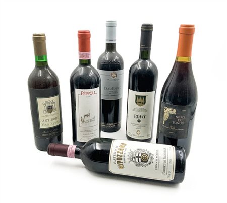 Lotto composto da oltre 20 bottiglie di vino in tre cartoni, tra le quali Anton