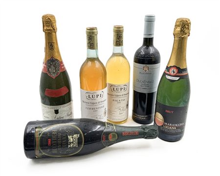 Lotto composto da oltre 20 bottiglie di vino in tre cartoni, tra le quali Lupi,