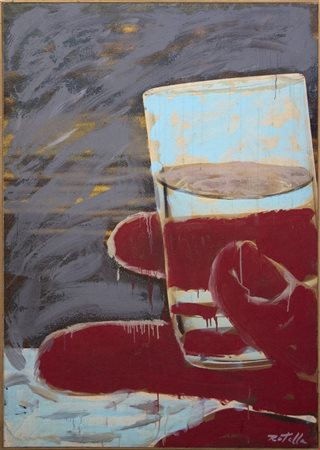 Mimmo Rotella, La mano rossa, 1986, Collage e pittura su tela, cm 140x100, In...