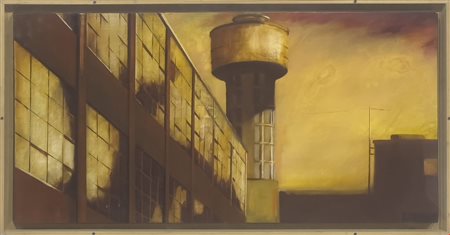 Carlo Cane, Officina con cisterna, 2004, Tecnica mista su tela, cm 45x90,...
